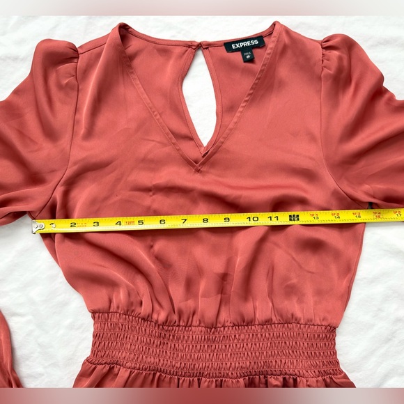Express Satin Texture Tiered Rust Puff Long Sleeve Smock Waist Maxi Dress | XS - Picture 10 of 16